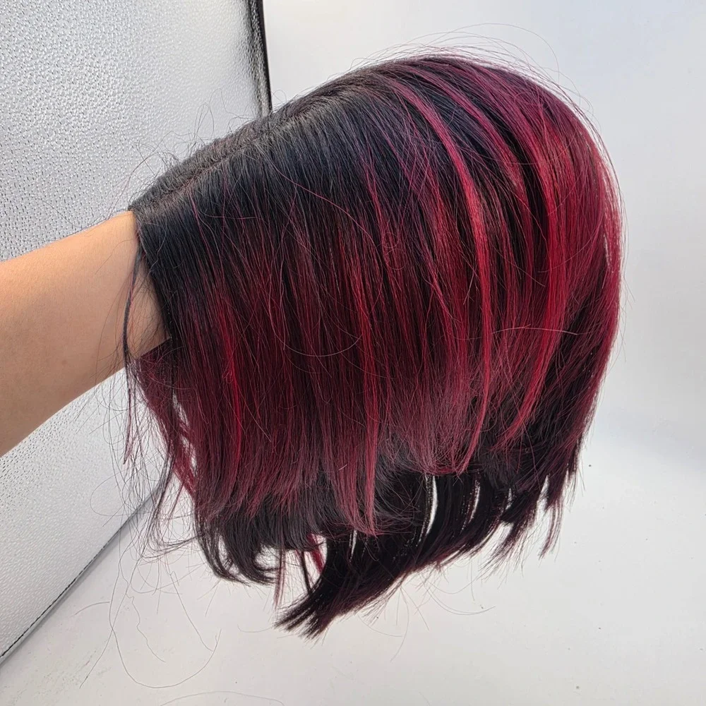 Short Burgundy Red Ombre Bob Wig Lace Front Black Roots Straight Synthetic Hair
